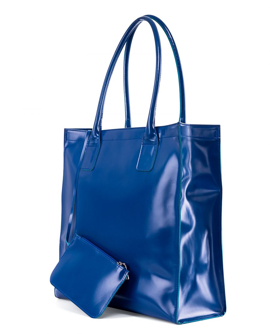 Blue Leather Shopper Bag Patent Leather Side view