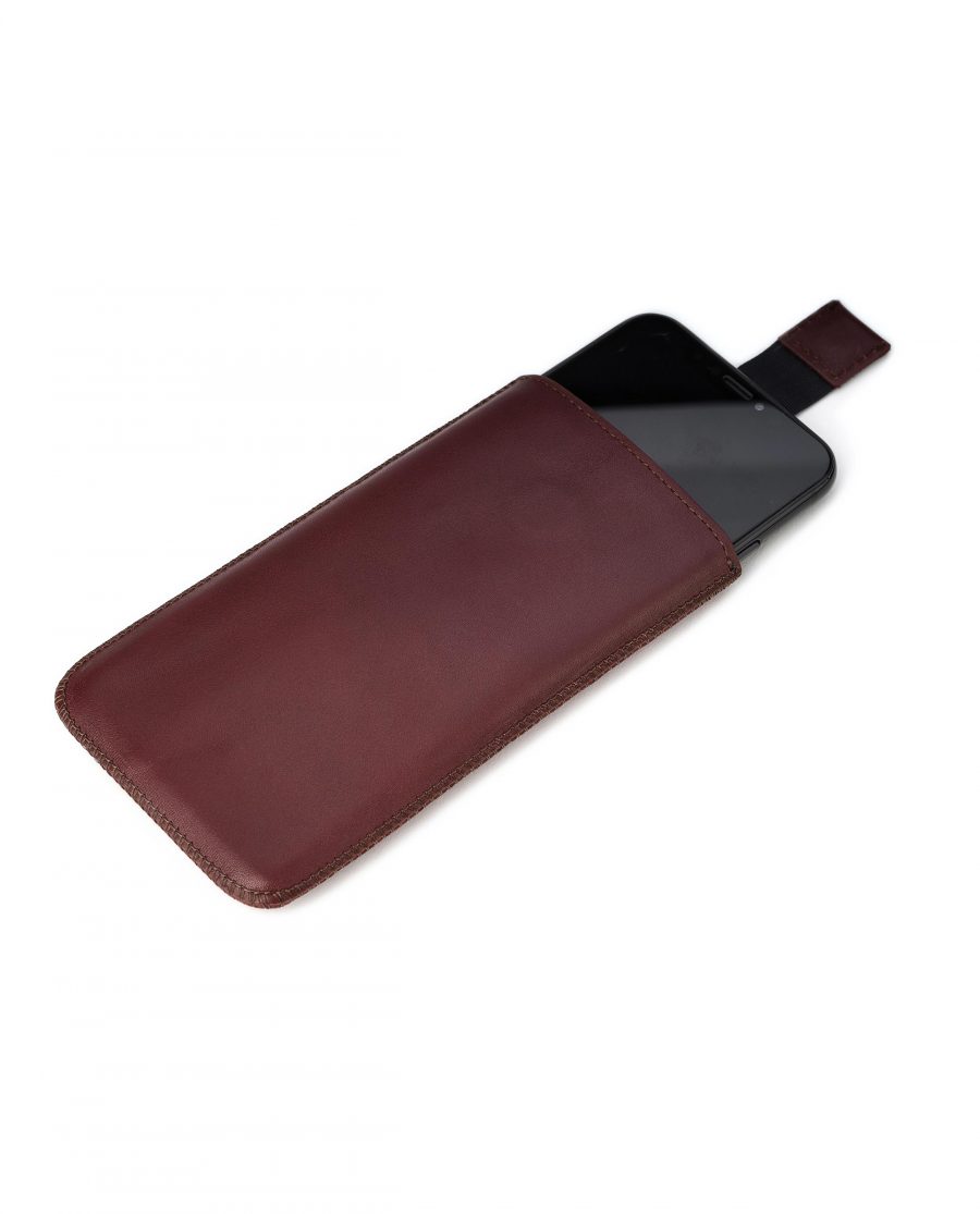 Burgundy iPhone X Leather Case Italian Calfskin Pull out strap Magnet