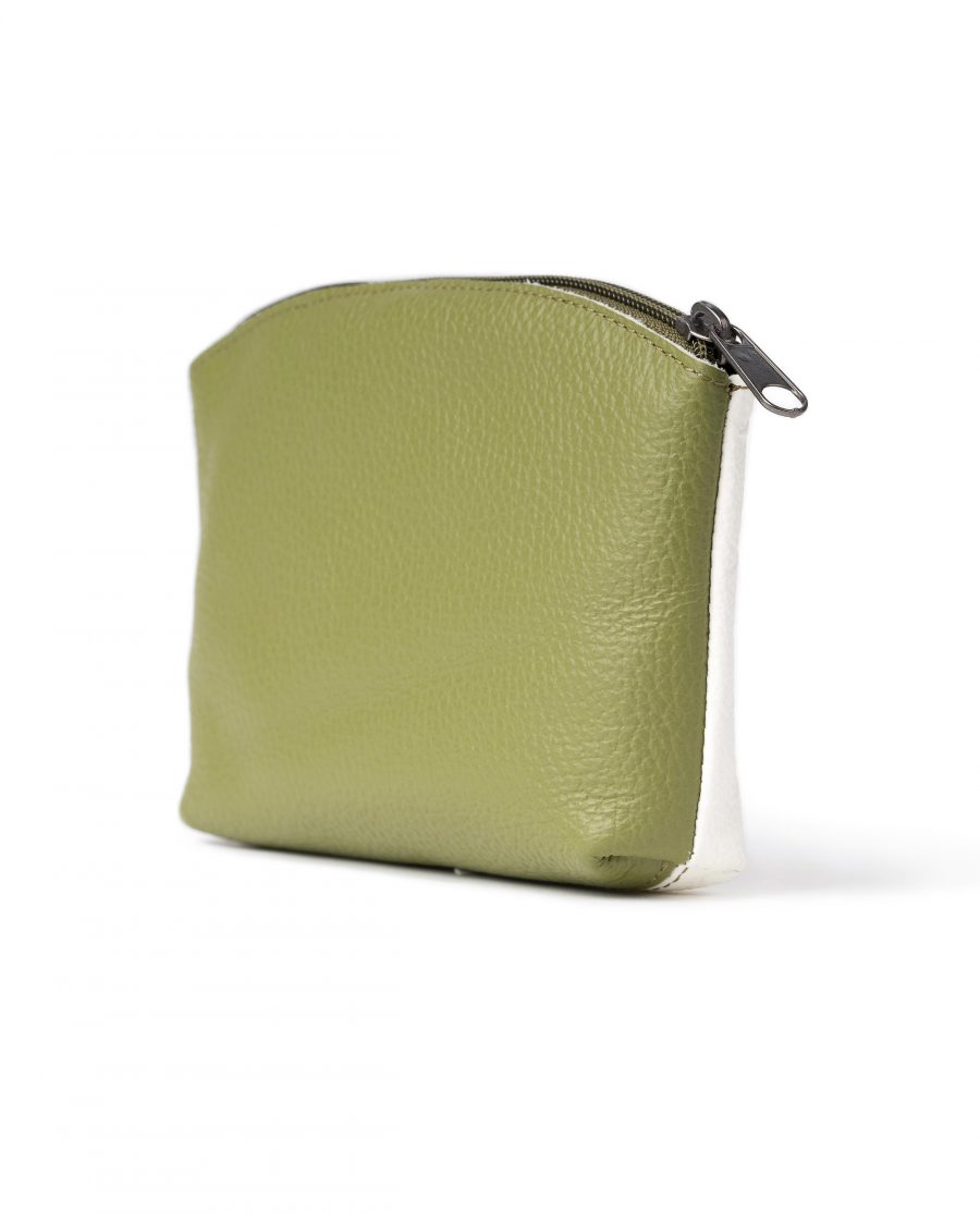 Olive Green Makeup Pouch with Print White Genuine Leather Reverse side