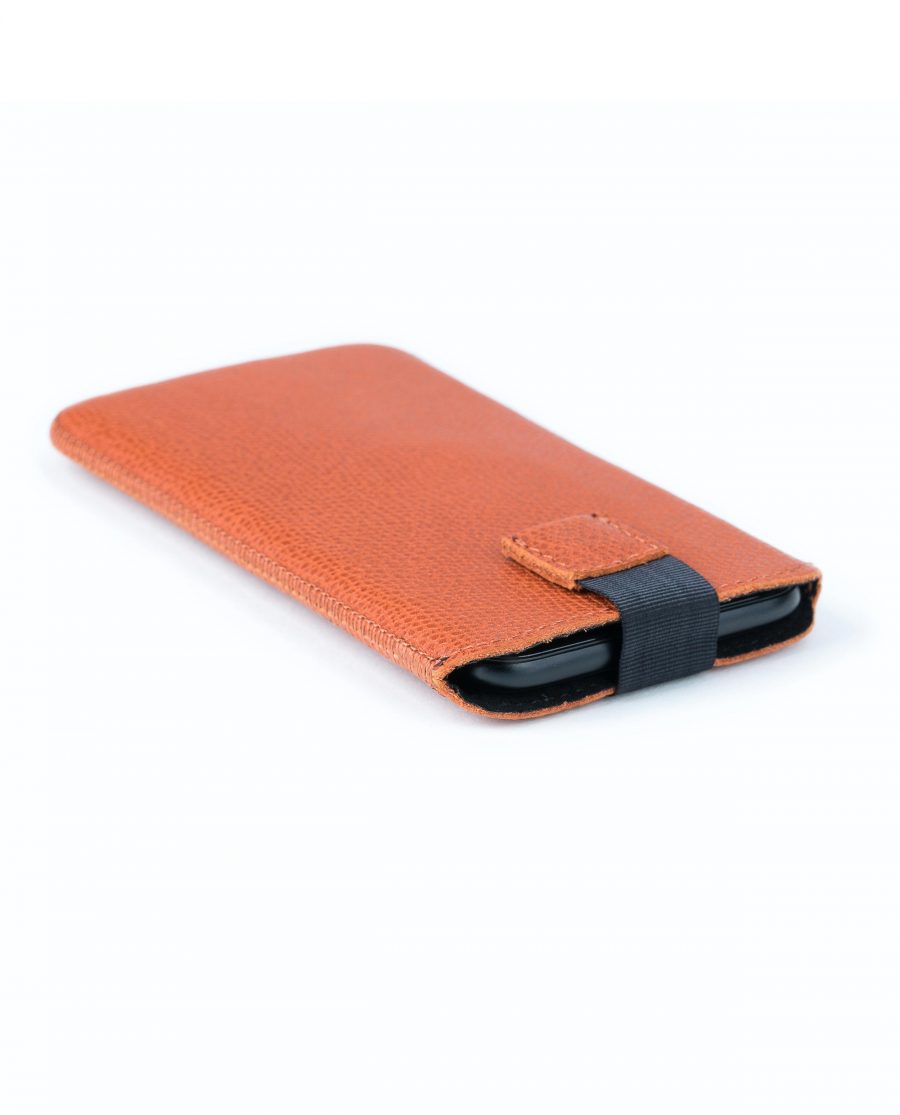 Orange Brown iPhone 6 6s 7 8 Leather Case With phone inside