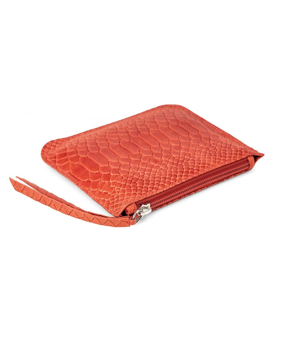Orange Leather Pouch Embossed Python Calfskin Flat wallet bag organizer Side image