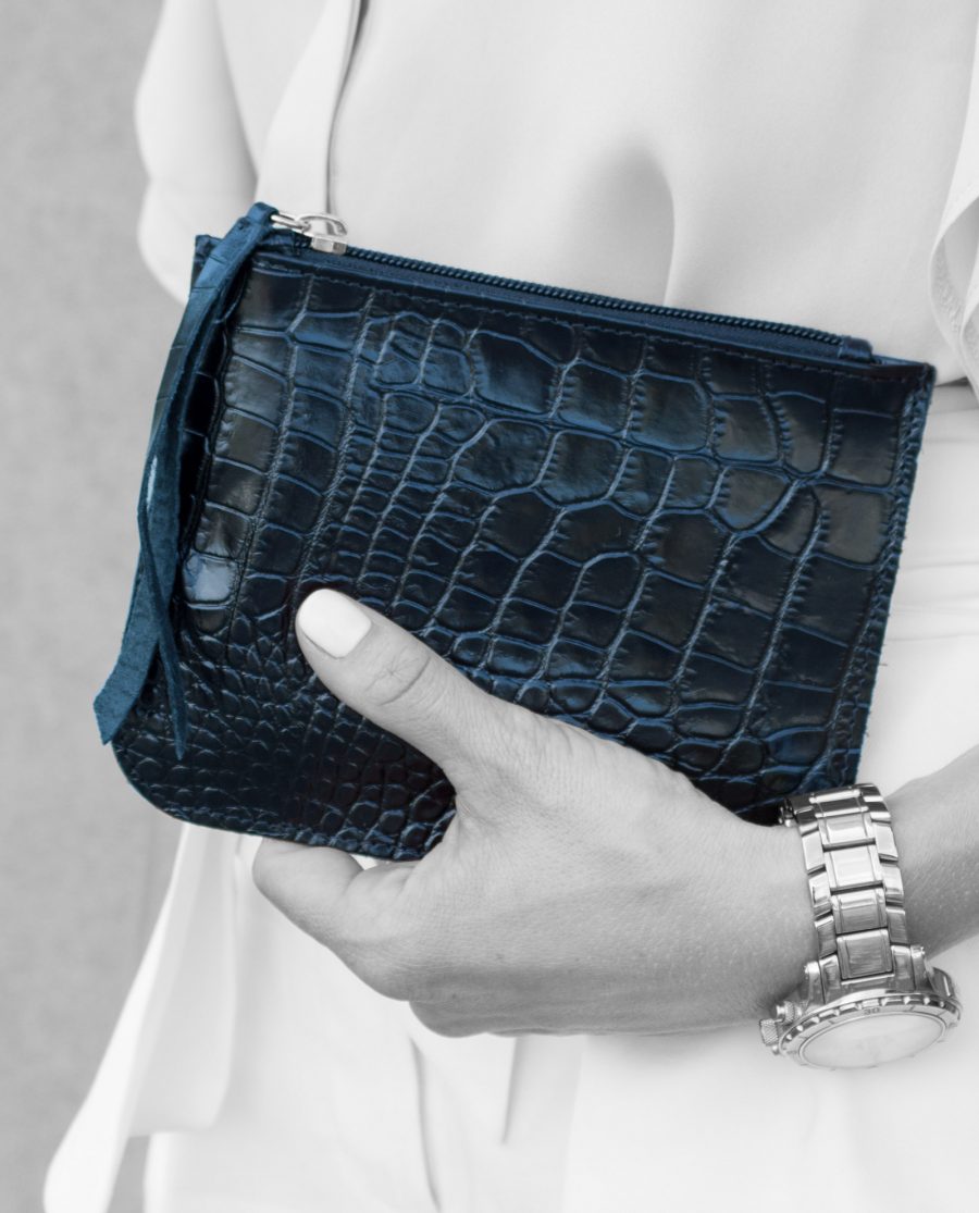 Small Flat Pouch in Black Croco Leather in wo,an hands Black and white