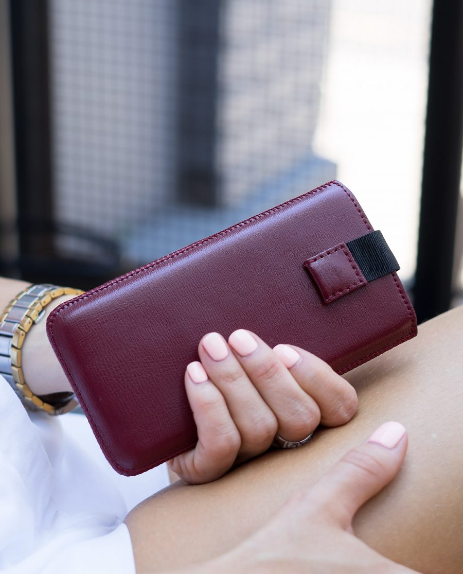 Smooth Burgundy iPhone X Leather Case In Woman hands