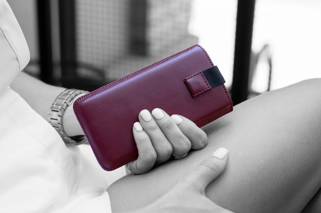 Smooth Burgundy iPhone X Leather Case In Woman hands Black and White.jpeg